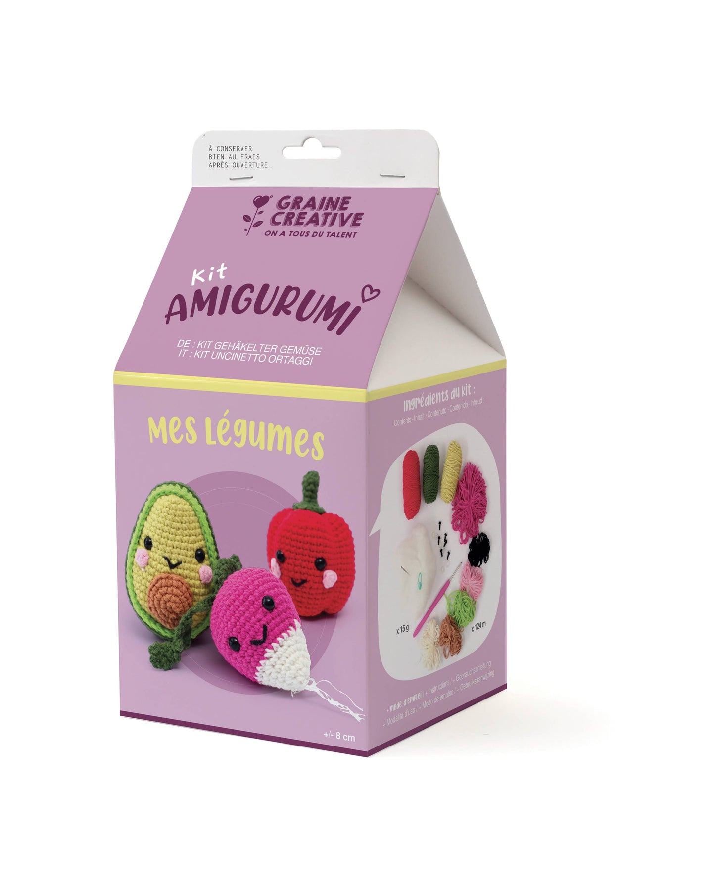 Kit amigurumi Mis Verduras Graine Créative para crear verduras de crochet DIY, ideal para principiantes, manualidades y regalo creativo.