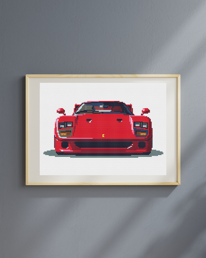 Patrón de punto de cruz del frontal de un Ferrari F40 en color rojo