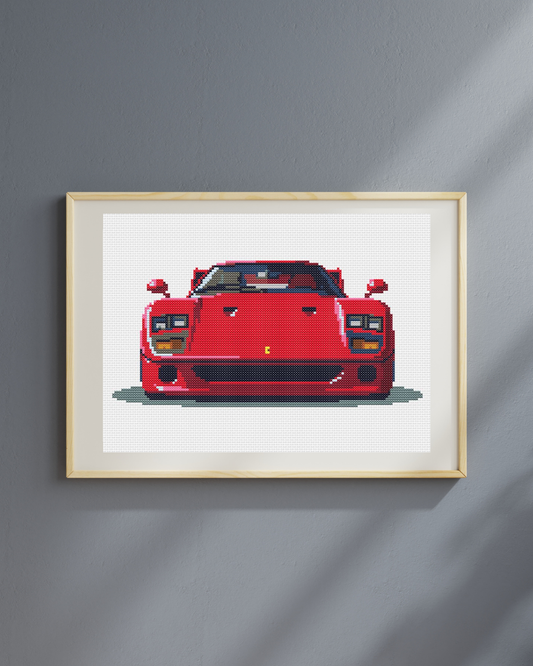 Patrón de punto de cruz del frontal de un Ferrari F40 en color rojo
