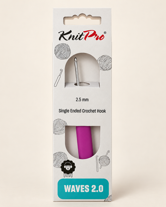 Aguja de ganchillo ergonómica KnitPro Waves de 2,5 mm con mango rosa y cabeza de aluminio
