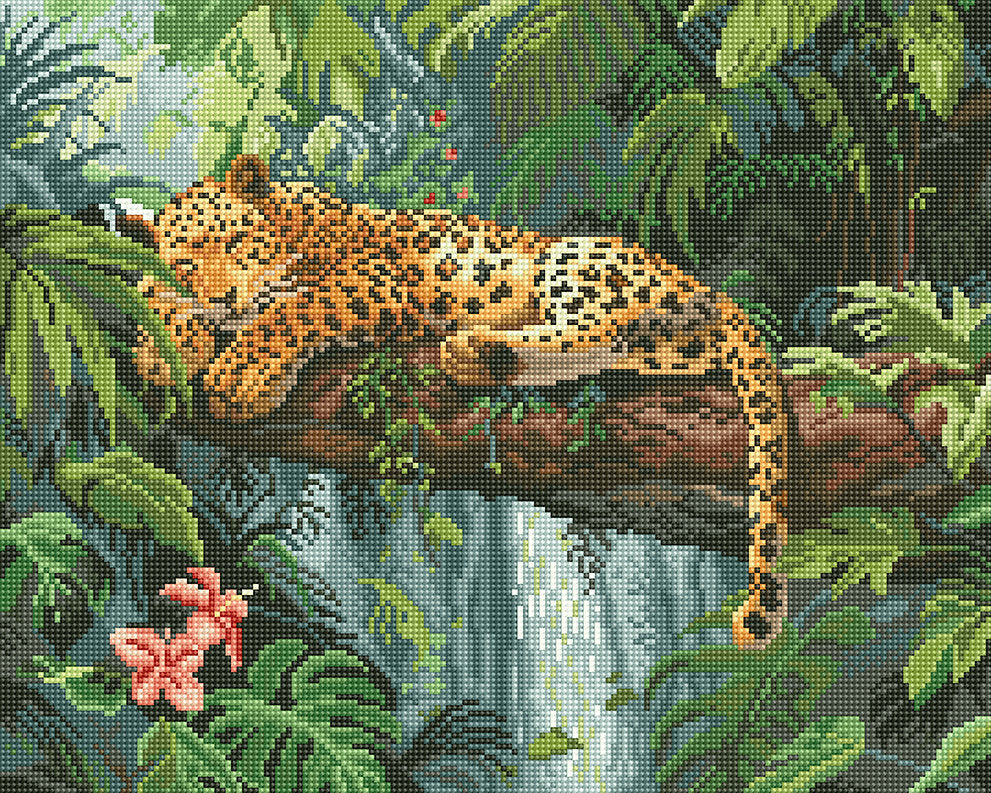 Gráfico de punto de cruz "Siesta en la Selva" de Letistitch con diseño de un tigre durmiendo sobre una rama en la selva y una cascada en el fondo.