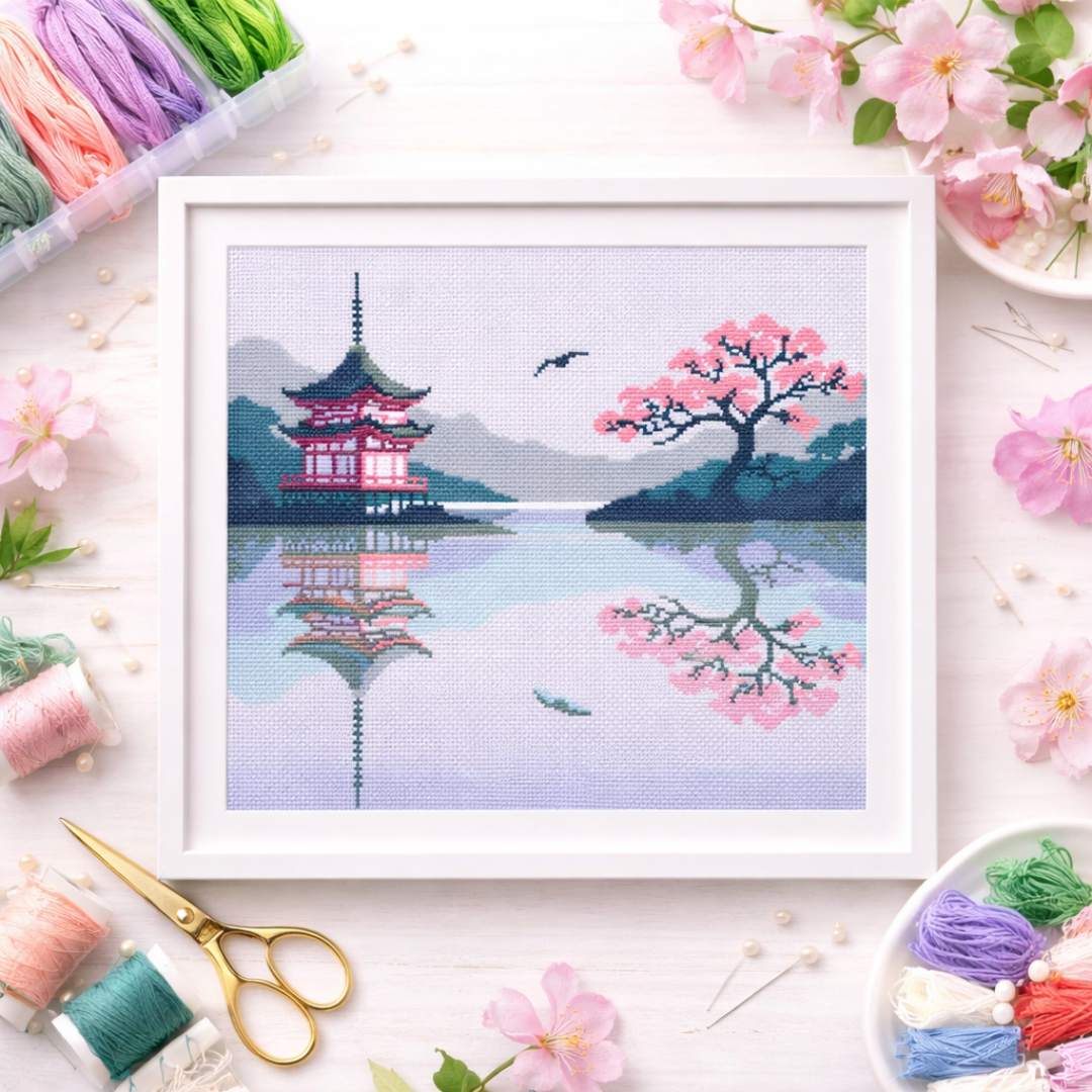 Diseño de punto de cruz de paisaje japonés con un cerezo y pagoda tradicional