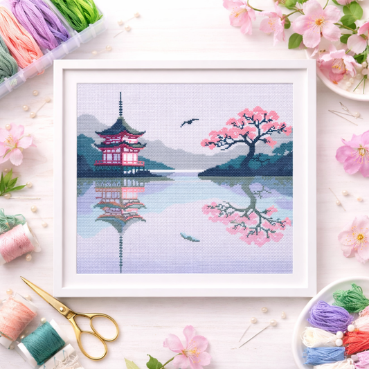 Diseño de punto de cruz de paisaje japonés con un cerezo y pagoda tradicional