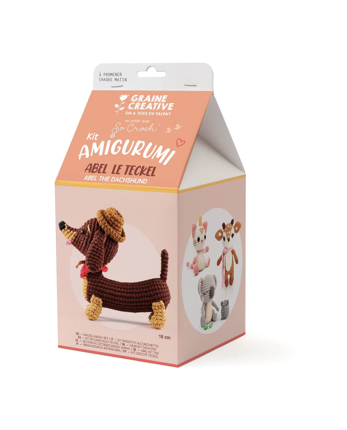 Kit de amigurumi Graine Créative Abel el Teckel, perro salchicha de ganchillo marrón con sombrero y pañuelo rojo