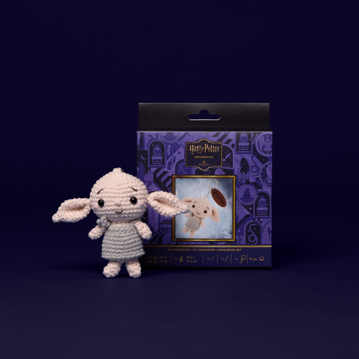 Kit amigurumi Harry Potter DMC con el llavero del elfo Dobby tejido a crochet, ovillos de hilo, relleno, ganchillo y llavero incluidos.
