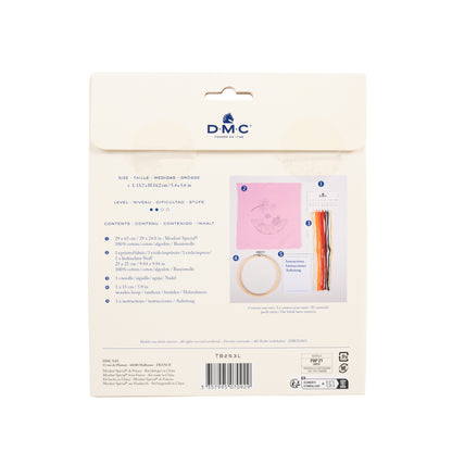 Parte trasera del kit de bordado DMC Granada con contenido incluido, medidas, nivel e instrucciones del proyecto