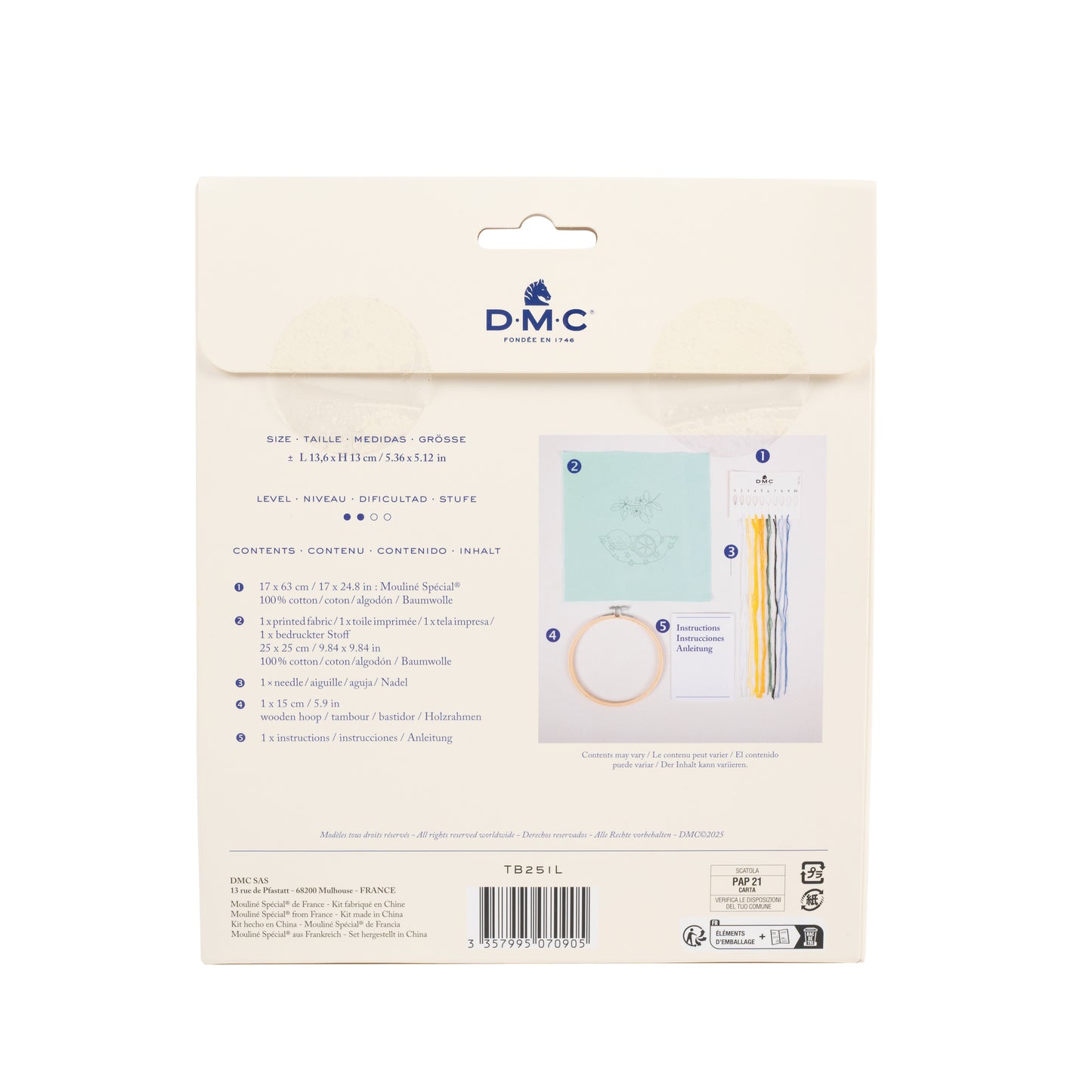 Parte trasera del kit de bordado DMC Los Limones con contenido incluido, medidas, nivel e instrucciones del proyecto