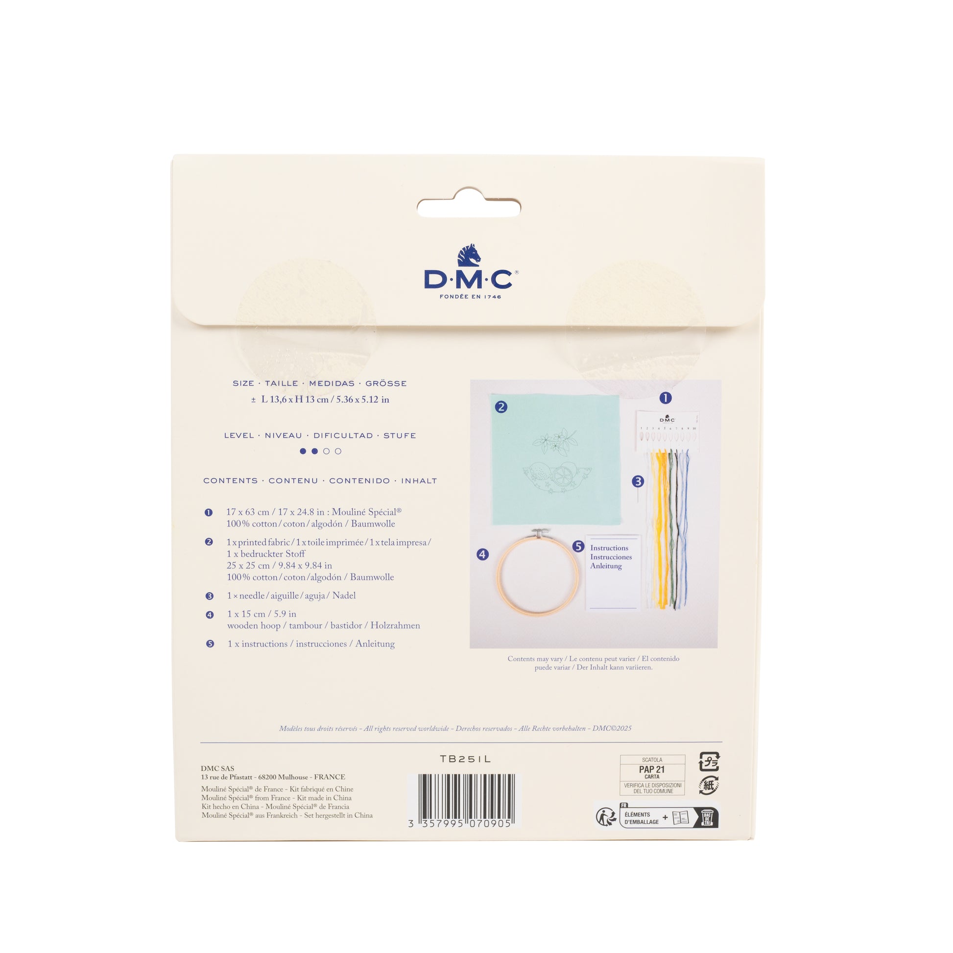 Parte trasera del kit de bordado DMC Los Limones con contenido incluido, medidas, nivel e instrucciones del proyecto