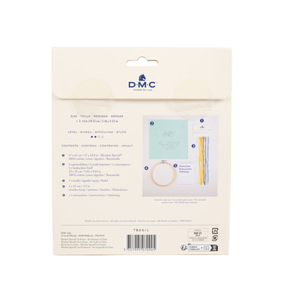 Parte trasera del kit de bordado DMC Los Limones con contenido incluido, medidas, nivel e instrucciones del proyecto