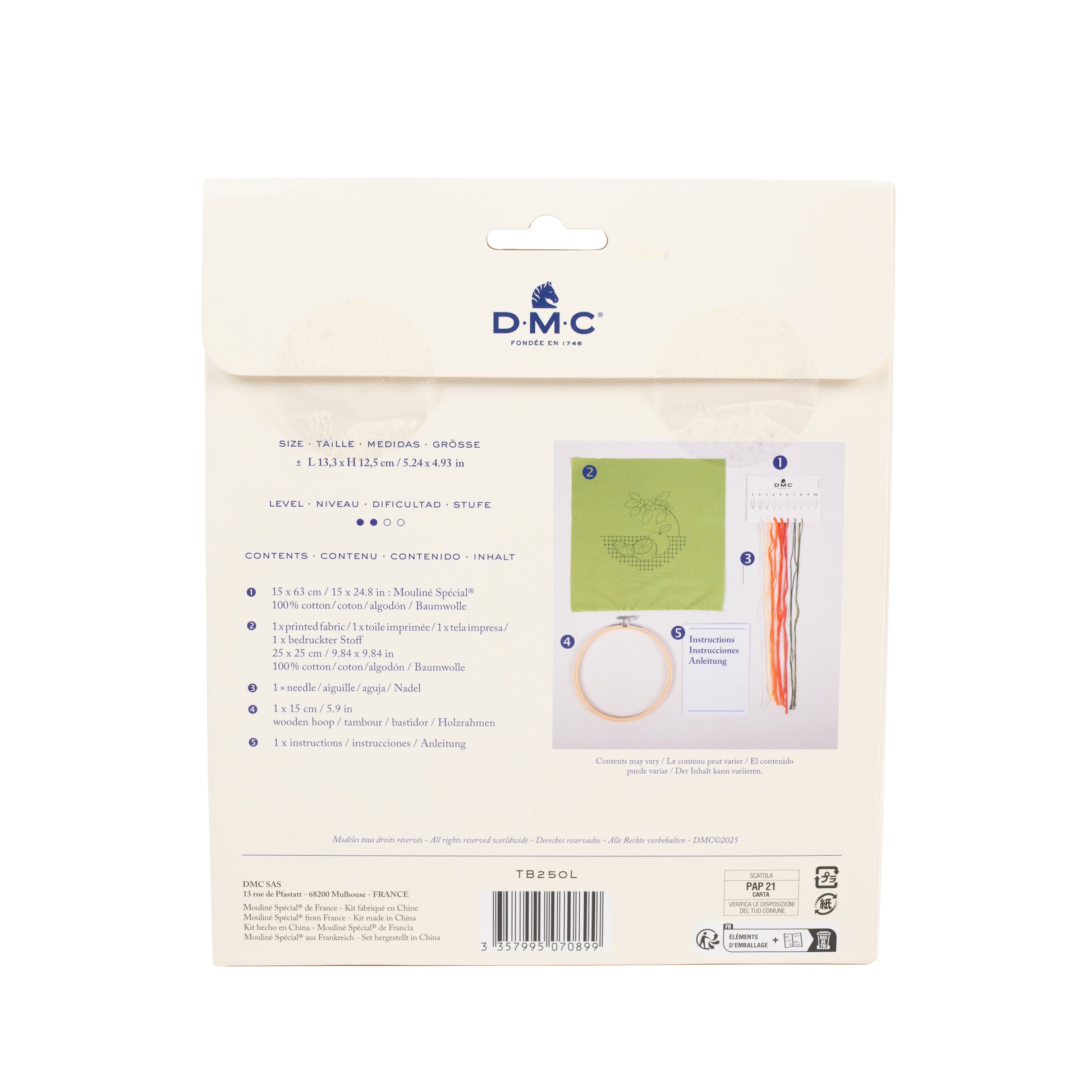 Parte trasera del kit de bordado DMC Naranja con contenido incluido, medidas, nivel e instrucciones del proyecto