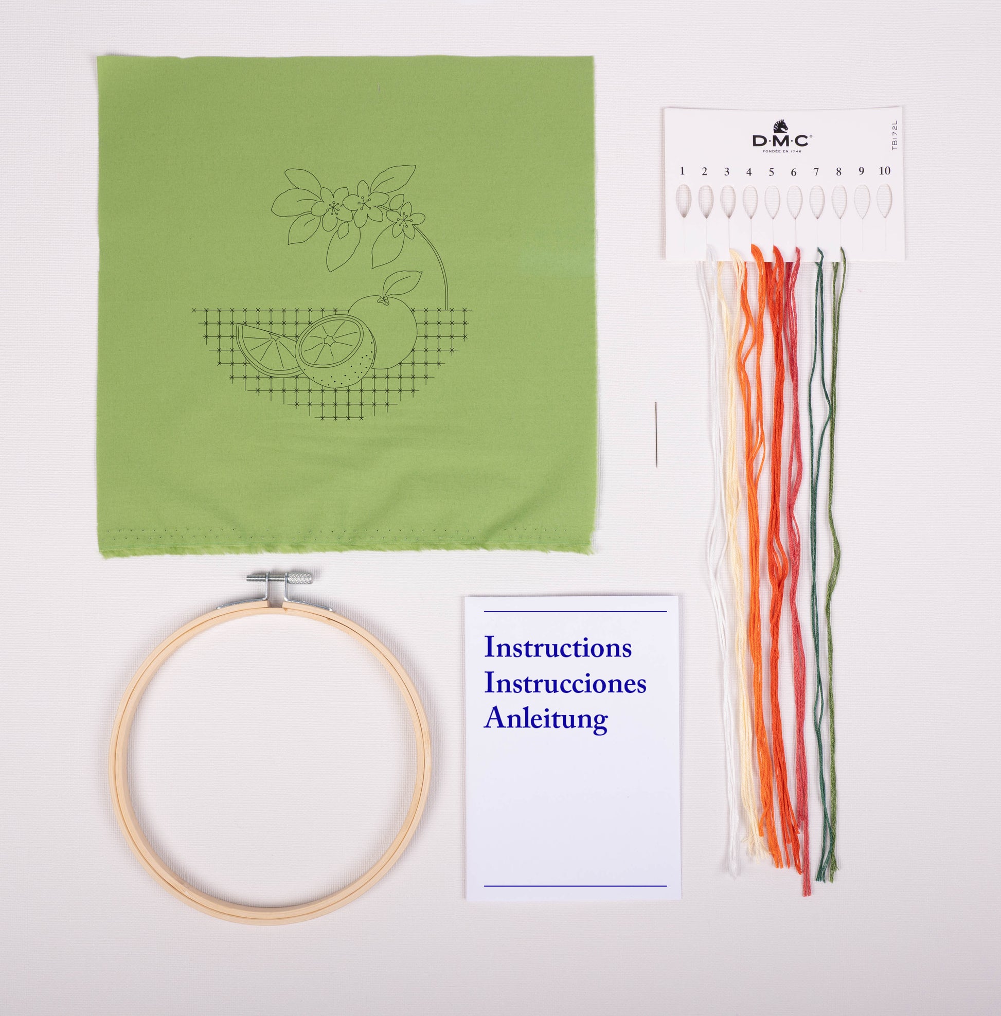 Contenido del kit de bordado DMC Naranja con tela estampada verde, hilos Mouliné Spécial, bastidor, aguja e instrucciones