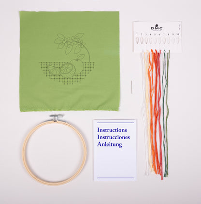 Contenido del kit de bordado DMC Naranja con tela estampada verde, hilos Mouliné Spécial, bastidor, aguja e instrucciones