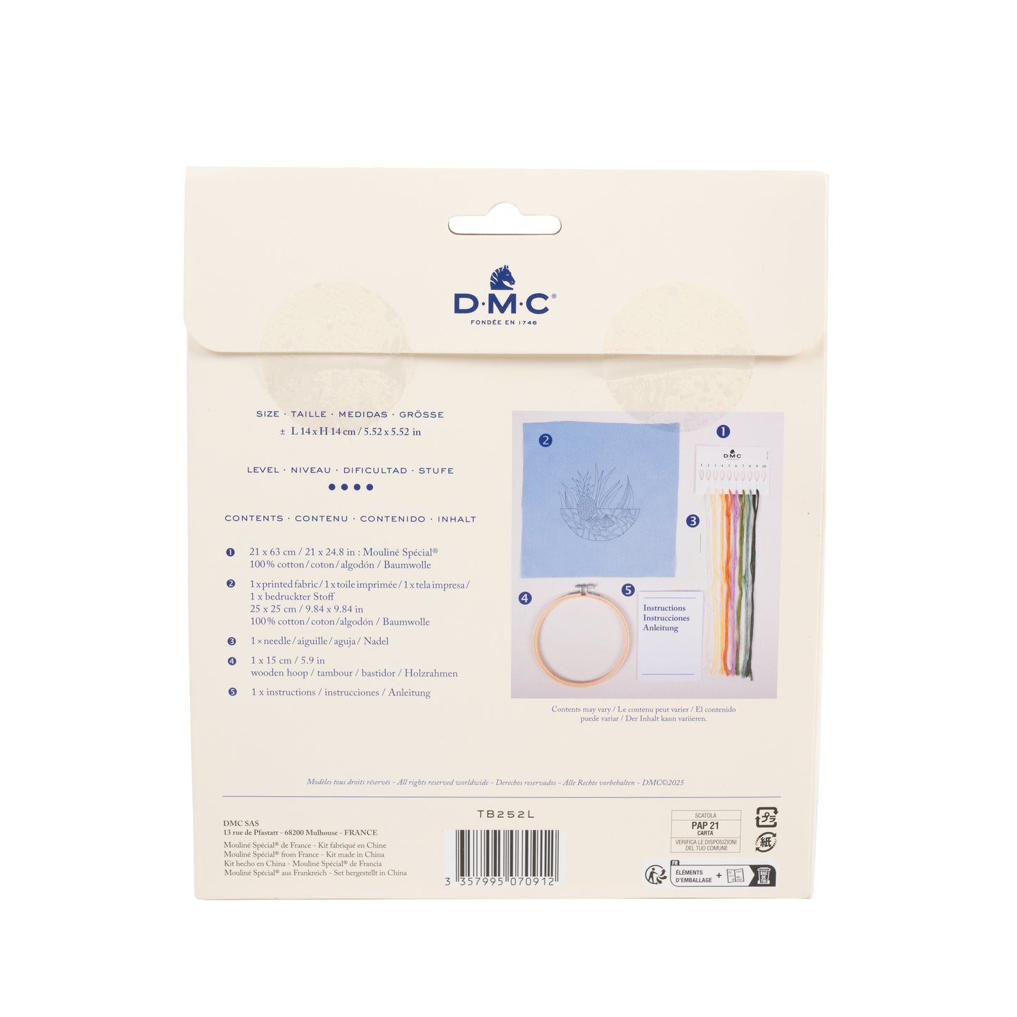 Parte trasera del kit de bordado DMC Piña con contenido incluido, medidas e instrucciones del proyecto
