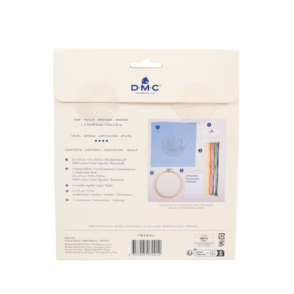 Parte trasera del kit de bordado DMC Piña con contenido incluido, medidas e instrucciones del proyecto