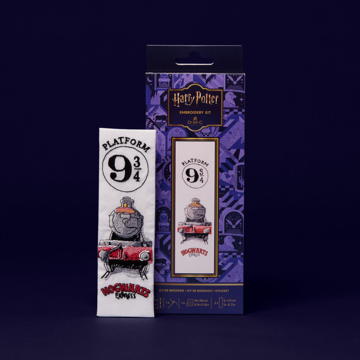 Kit de bordado Harry Potter DMC con marcapáginas bordado del andén 9 3/4 y la locomotora del Expreso de Hogwarts.