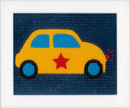 Kit canvas bordado niños coche amarillo con estrella roja sobre fondo azul – Vervaco PN-0150308