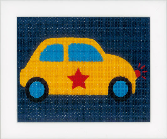 Kit canvas bordado niños coche amarillo con estrella roja sobre fondo azul – Vervaco PN-0150308