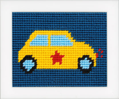 Kit canvas coche amarillo terminado en medio punto con lana acrílica – Vervaco PN-0150308