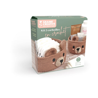 Kit de Crochet 2 Cestas Oso con Base de Madera - Graine Créative