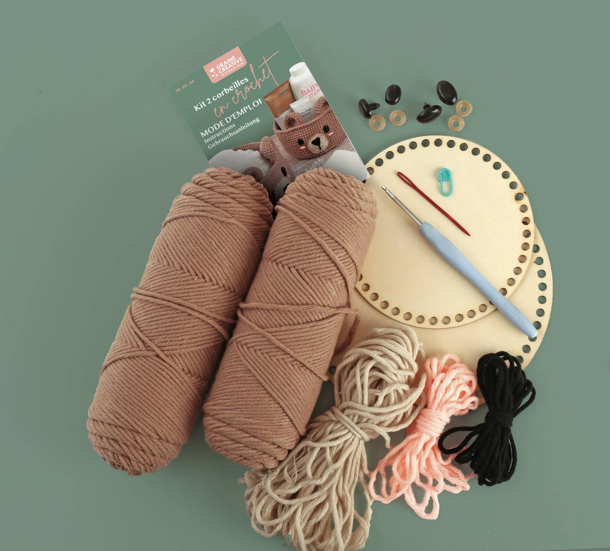 Kit de Crochet 2 Cestas Oso con Base de Madera - Graine Créative