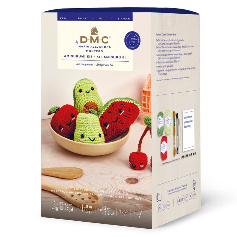 Kit de amigurumi de DMC para tejer cinco frutas con caritas sonrientes, incluye hilos de algodón, ganchillo de 3 mm y ojitos de seguridad, perfecto para crear regalos educativos o decoraciones coloridas.