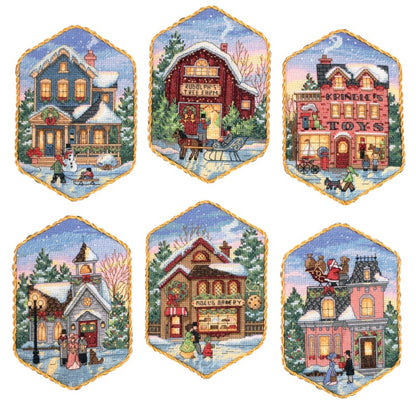 Kit Adornos en Punto de Cruz "Pueblo Navideño" - Dimensions: Gold Collection