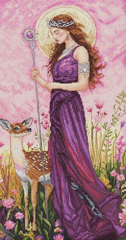 Kit de punto de cruz Letistitch Diosa de la Primavera con figura femenina rodeada de flores y ciervo en escena primaveral.