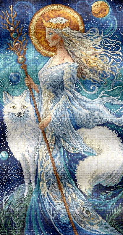 Kit de punto de cruz Letistitch Diosa del Invierno con figura femenina en tonos fríos acompañada de zorro blanco en escena invernal.