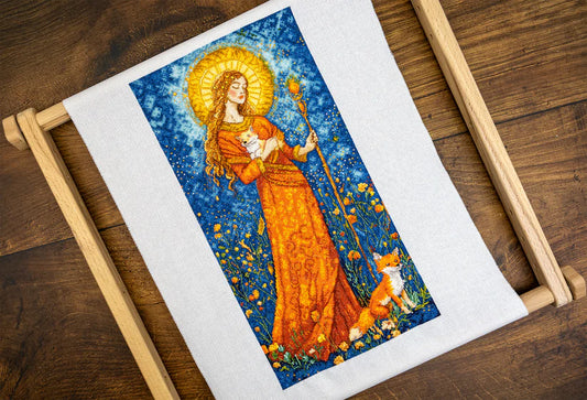 Kit de punto de cruz Letistitch Diosa del Otoño con figura femenina rodeada de hojas doradas y zorro en tonos cálidos.