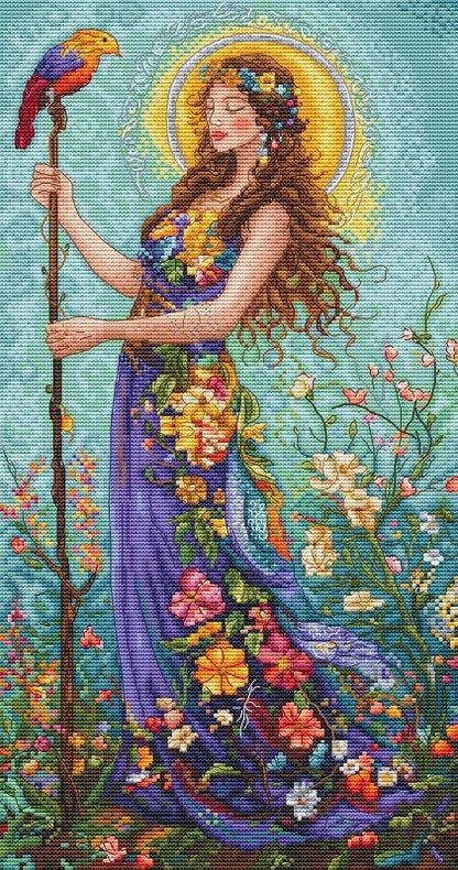 Kit de punto de cruz Letistitch Diosa del Verano con figura femenina rodeada de flores y colores vibrantes en diseño vertical.