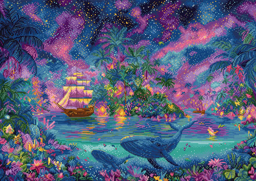 Kit de punto de cruz Letistitch Islas Celestiales con paisaje marino fantástico, islas tropicales, ballena y cielo colorido.