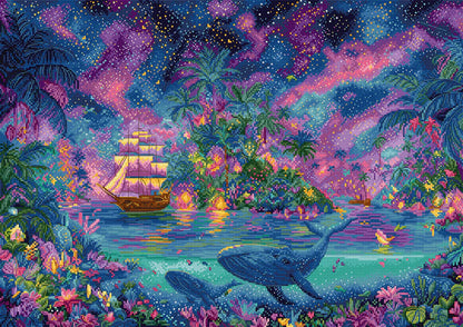 Kit de punto de cruz Letistitch Islas Celestiales con paisaje marino fantástico, islas tropicales, ballena y cielo colorido.