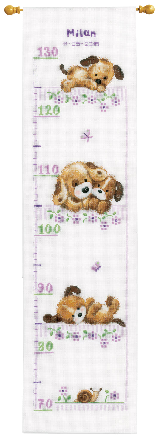 Kit de punto de cruz para crear un medidor de altura para niños con diseño de perritos