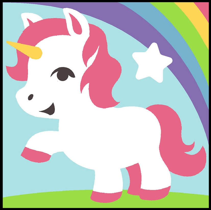 Kit de medio punto infantil Unicornio Arcoíris de Margot de Paris con unicornio blanco, melena rosa, estrella y arcoíris de colores.
