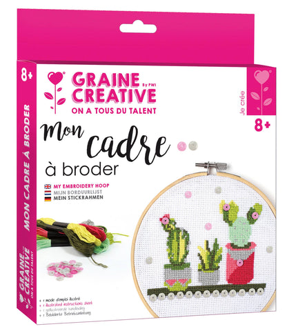Kit de bordado Graine Créative con diseño de cactus en macetas y bastidor de madera de 155 mm de diámetro