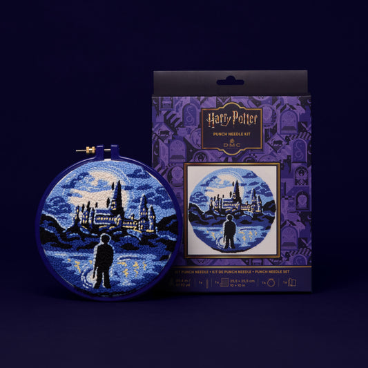 Kit de punch needle Harry Potter DMC con bastidor y el castillo de Hogwarts iluminado de noche con la silueta de Harry junto al lago.