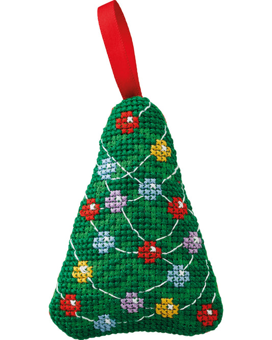 Kit de punto de cruz Permin Árbol de Navidad, abeto verde con bolas de colores y guirnalda blanca y cinta roja