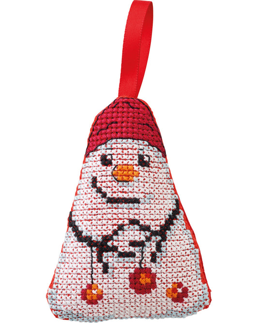 Kit de punto de cruz Permin Muñeco de Nieve, muñeco con gorro rojo y escoba sobre fondo blanco con flores