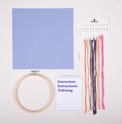 Contenido del kit de punto de cruz DMC Escarabajo Rosa con tela Aida azul, hilos Mouliné Spécial, bastidor, aguja e instrucciones