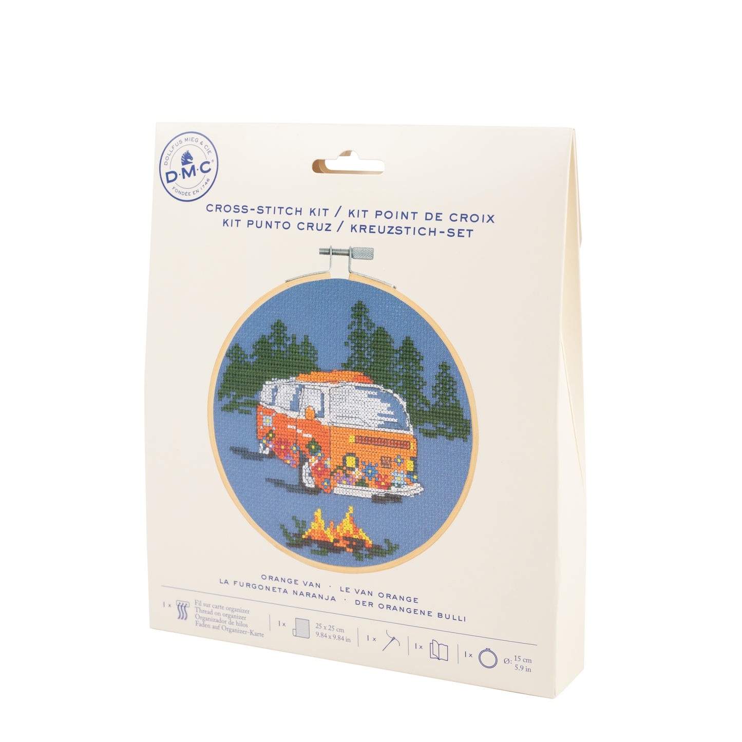 Kit de punto de cruz DMC Furgoneta Naranja con diseño de furgoneta bordada sobre tela Aida azul y packaging de cartón