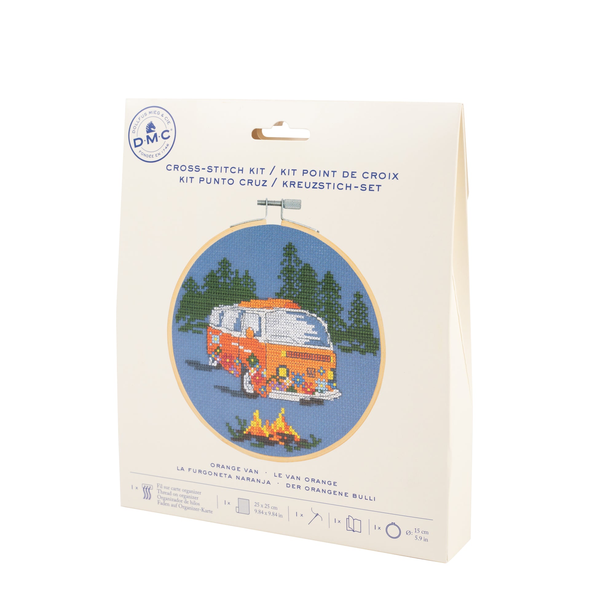 Kit de punto de cruz DMC Furgoneta Naranja con diseño de furgoneta bordada sobre tela Aida azul y packaging de cartón