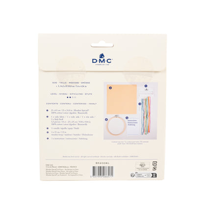 Parte trasera del kit de punto de cruz DMC Vespa Azul con contenido incluido, medidas e instrucciones del proyecto