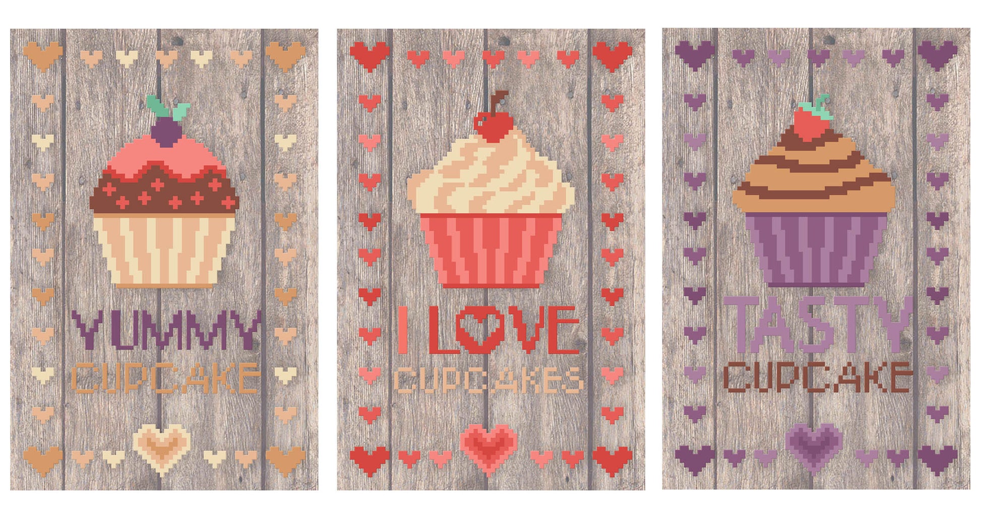 Kit de punto de cruz 3 Cuadritos Cupcakes de Marie Coeur con tres diseños de cupcakes sobre tela Aida estampada con efecto madera.