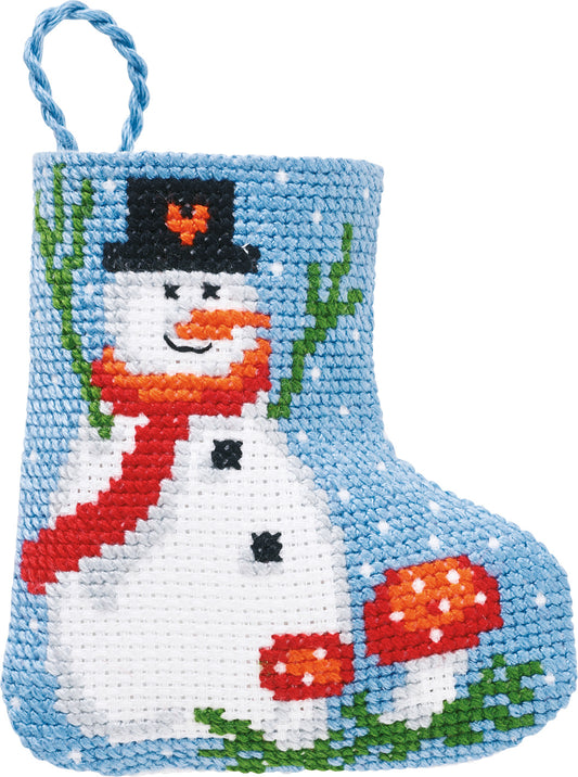 Kit de punto de cruz Permin Bota Navideña, muñeco de nieve con sombrero de copa y bufanda roja entre setas