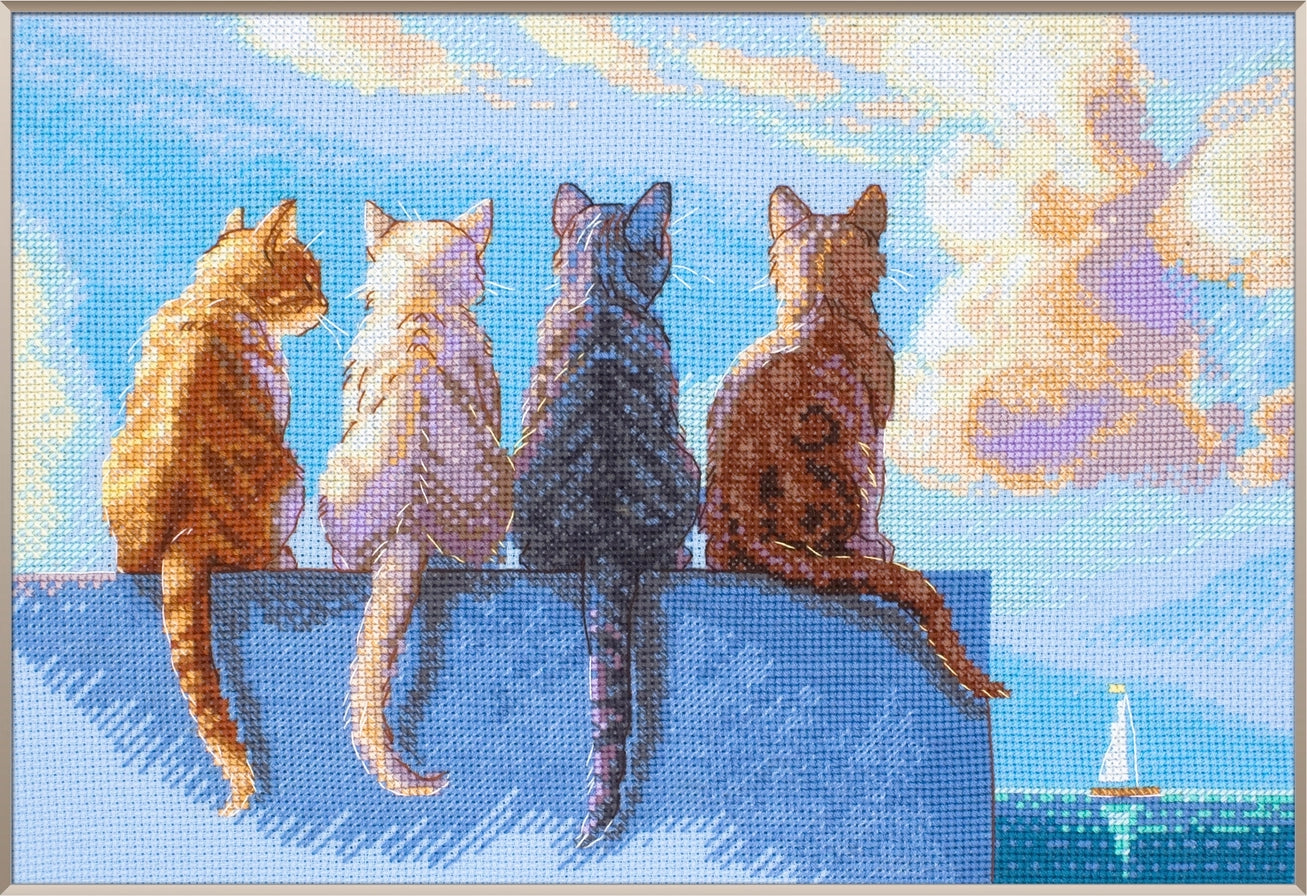 Kit de punto de cruz Aine Gatos junto al mar A1034 con cuatro gatos sobre un muro al atardecer y velero