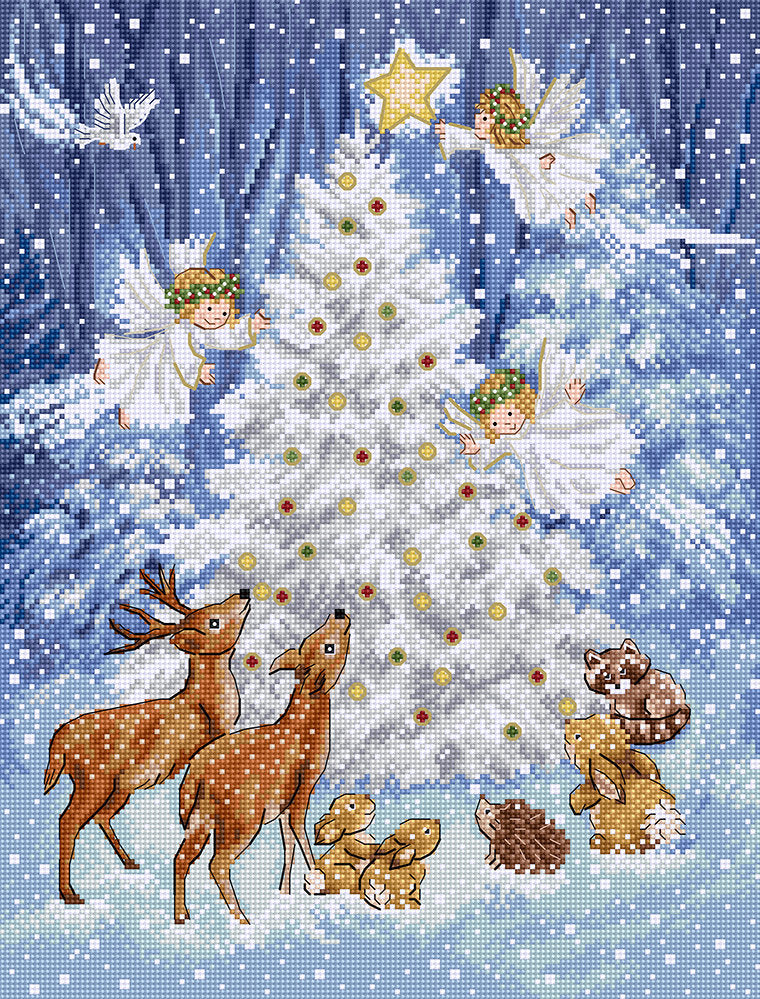 Kit de punto de cruz "Angel in Wood" de Letistitch con diseño de un árbol de Navidad blanco decorado por ángeles, rodeado de animales del bosque.