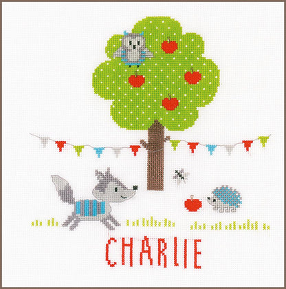 Kit punto de cruz animales del bosque personalizable con lobito búho y erizo sobre tela Aida – Vervaco PN-0166353