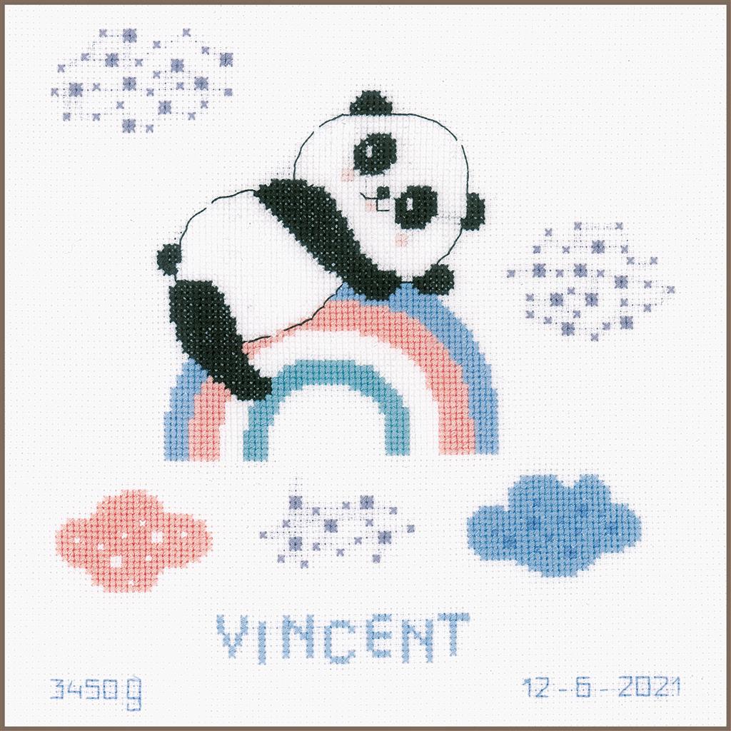 Kit punto de cruz anuncio nacimiento personalizable con panda en arcoíris pastel y nubes – Vervaco PN-0191636