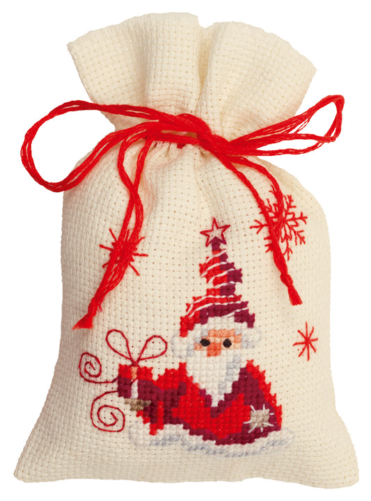 Kit punto de cruz bolsa regalo navideña con Papá Noel bordado en rojo sobre tela Aida – Vervaco PN-0144326