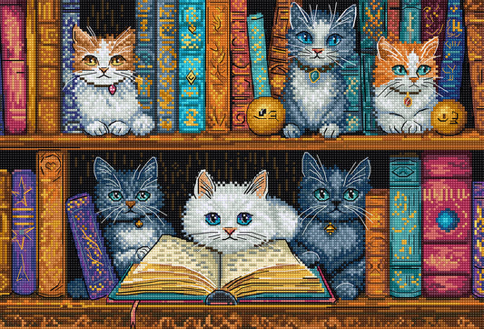 Kit de punto de cruz "Bookshelf Cats" con seis gatos juguetones sobre una estantería llena de libros. Diseño colorido y detallado para decorar con estilo.